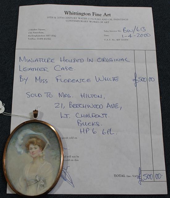 Florence White (fl.1881-1932) Miniature of an Edwardian lady, 4 x 3in.